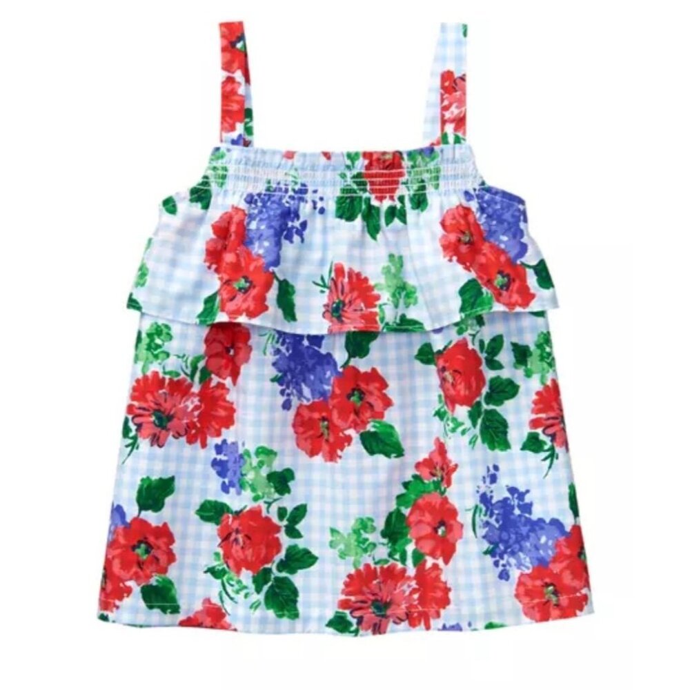 Janie And Jack 5 Midsummer Picnic Tank Top Shirt Gingham Floral Ruffle Blue Red